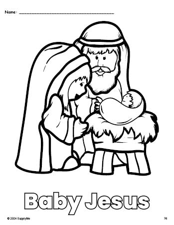 Free printable Baby Jesus Christmas coloring page for preschool, pre-k, and kindergarten