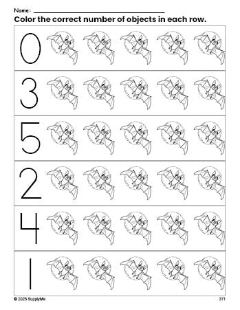 Free printable bat Halloween count and color worksheet for preschoolers, Halloween coloring page and counting worksheet numbers 0-5, PDF