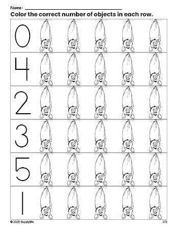 Free printable bat Halloween count and color worksheet for preschoolers, Halloween coloring page and counting worksheet numbers 0-5, PDF