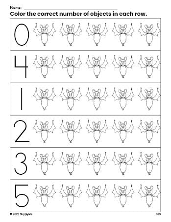 Free printable bat Halloween count and color worksheet for preschoolers, Halloween coloring page and counting worksheet numbers 0-5, PDF