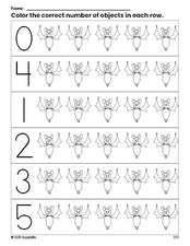 Free printable bat Halloween count and color worksheet for preschoolers, Halloween coloring page and counting worksheet numbers 0-5, PDF