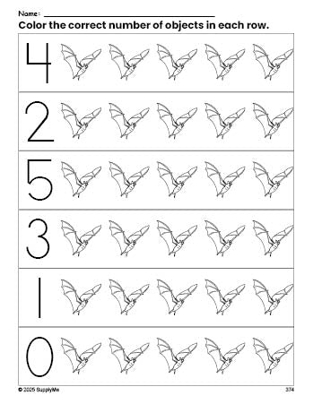 Free printable bat Halloween count and color worksheet for preschoolers, Halloween coloring page and counting worksheet numbers 0-5, PDF