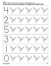 Free printable bat Halloween count and color worksheet for preschoolers, Halloween coloring page and counting worksheet numbers 0-5, PDF