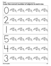 Free printable bat Halloween count and color worksheet for preschoolers, Halloween coloring page and counting worksheet numbers 0-5, PDF