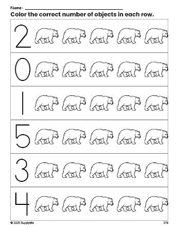 Free printable bear count and color worksheet for preschoolers, bear coloring page and counting worksheet numbers 0-5, PDF