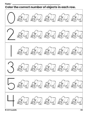 Free printable bear count and color worksheet for preschoolers, bear coloring page and counting worksheet numbers 0-5, PDF