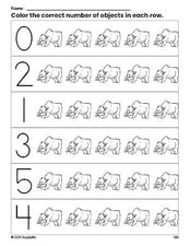 Free printable bear count and color worksheet for preschoolers, bear coloring page and counting worksheet numbers 0-5, PDF