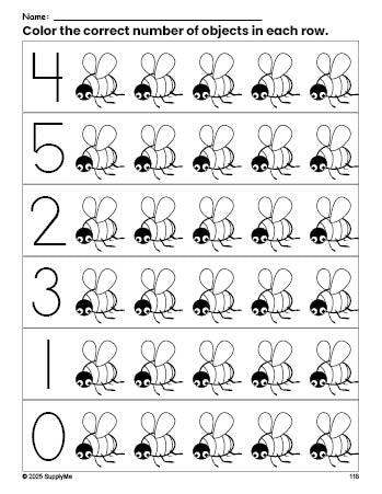 Free printable bee count and color worksheet for preschoolers, bee coloring page and counting worksheet numbers 0-5, PDF