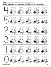 Free printable bee count and color worksheet for preschoolers, bee coloring page and counting worksheet numbers 0-5, PDF