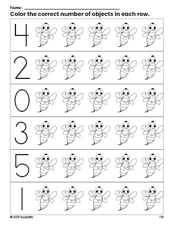 Free printable bee count and color worksheet for preschoolers, bee coloring page and counting worksheet numbers 0-5, PDF