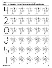 Free printable bee count and color worksheet for preschoolers, bee coloring page and counting worksheet numbers 0-5, PDF