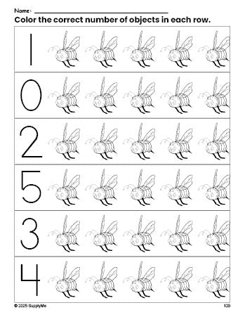 Free printable bee count and color worksheet for preschoolers, bee coloring page and counting worksheet numbers 0-5, PDF