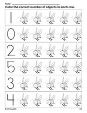 Free printable bee count and color worksheet for preschoolers, bee coloring page and counting worksheet numbers 0-5, PDF