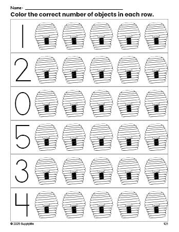 Free printable beehive count and color worksheet for preschoolers, beehive coloring page and counting worksheet numbers 0-5, PDF