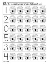 Free printable beehive count and color worksheet for preschoolers, beehive coloring page and counting worksheet numbers 0-5, PDF