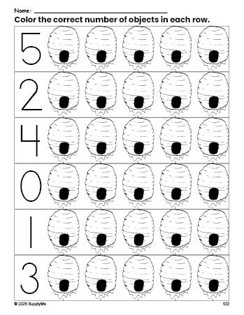 Free printable beehive count and color worksheet for preschoolers, beehive coloring page and counting worksheet numbers 0-5, PDF