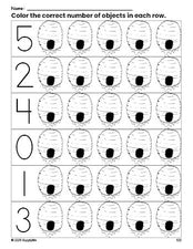 Free printable beehive count and color worksheet for preschoolers, beehive coloring page and counting worksheet numbers 0-5, PDF