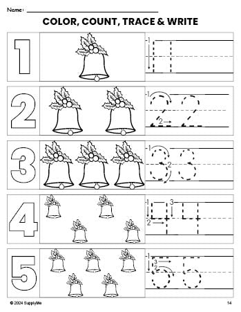 Free printable bell Christmas coloring page and number tracing worksheet, numbers 1-5 counting worksheet for preschool and pre-k