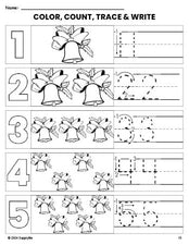 Free printable bell Christmas coloring page and number tracing worksheet, numbers 1-5 counting worksheet for preschool and pre-k