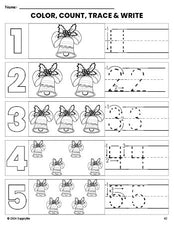 Free printable bell Christmas coloring page and number tracing worksheet, numbers 1-5 counting worksheet for preschool and pre-k