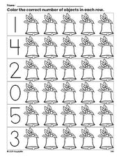 Free printable bell Christmas count and color worksheet for preschoolers, Christmas coloring page and counting worksheet numbers 0-5, PDF