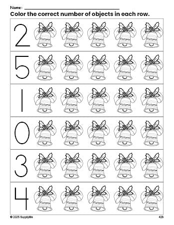 Free printable bell Christmas count and color worksheet for preschoolers, Christmas coloring page and counting worksheet numbers 0-5, PDF