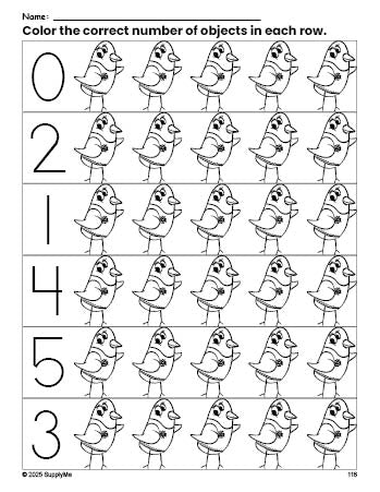 Free printable bird count and color worksheet for preschoolers, bird coloring page and counting worksheet numbers 0-5, PDF