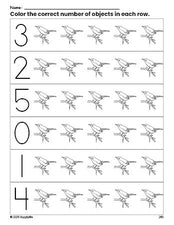 Free printable bird count and color worksheet for preschoolers, bird coloring page and counting worksheet numbers 0-5, PDF