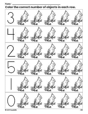 Free printable bird count and color worksheet for preschoolers, bird coloring page and counting worksheet numbers 0-5, PDF