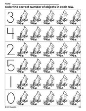 Free printable bird count and color worksheet for preschoolers, bird coloring page and counting worksheet numbers 0-5, PDF