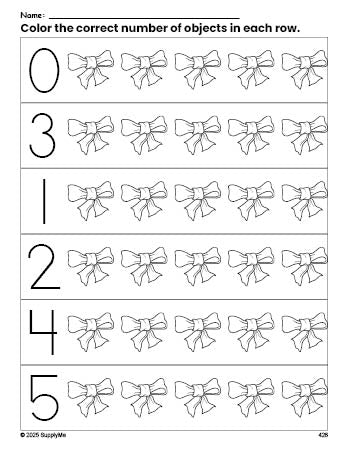 Free printable bow count and color worksheet for preschoolers, bow coloring page and counting worksheet numbers 0-5, PDF