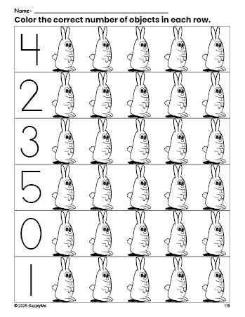 Free printable bunny count and color worksheet for preschoolers, bunny coloring page and counting worksheet numbers 0-5, PDF