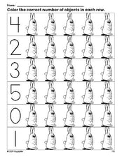 Free printable bunny count and color worksheet for preschoolers, bunny coloring page and counting worksheet numbers 0-5, PDF