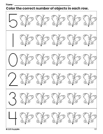 Free printable butterfly count and color worksheet for preschoolers, butterfly coloring page and counting worksheet numbers 0-5, PDF