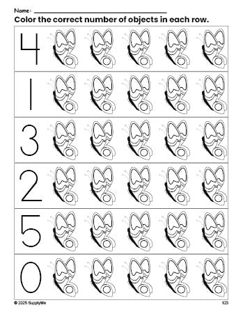 Free printable butterfly count and color worksheet for preschoolers, butterfly coloring page and counting worksheet numbers 0-5, PDF