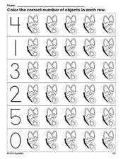 Free printable butterfly count and color worksheet for preschoolers, butterfly coloring page and counting worksheet numbers 0-5, PDF