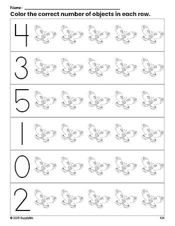 Free printable butterfly count and color worksheet for preschoolers, butterfly coloring page and counting worksheet numbers 0-5, PDF