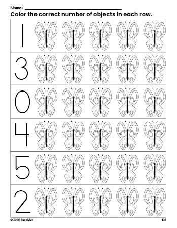 Free printable butterfly count and color worksheet for preschoolers, butterfly coloring page and counting worksheet numbers 0-5, PDF