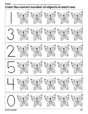 Free printable butterfly count and color worksheet for preschoolers, butterfly coloring page and counting worksheet numbers 0-5, PDF