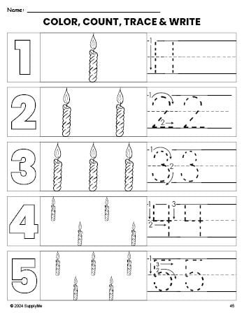 Free printable candle Christmas coloring page and number tracing worksheet, numbers 1-5 counting worksheet for preschool and pre-k