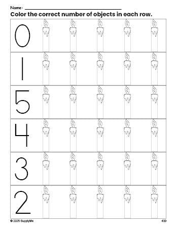 Free printable candle Christmas count and color worksheet for preschoolers, Christmas coloring page and counting worksheet numbers 0-5, PDF