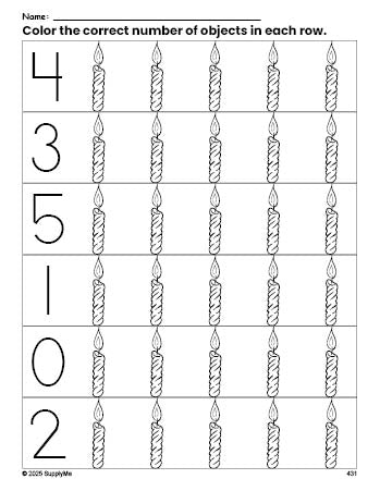 Free printable candle Christmas count and color worksheet for preschoolers, Christmas coloring page and counting worksheet numbers 0-5, PDF