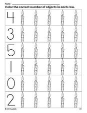 Free printable candle Christmas count and color worksheet for preschoolers, Christmas coloring page and counting worksheet numbers 0-5, PDF