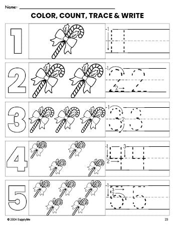 Free printable candy cane Christmas coloring page and number tracing worksheet, numbers 1-5 counting worksheet for preschool and pre-k