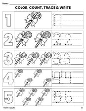 Free printable candy cane Christmas coloring page and number tracing worksheet, numbers 1-5 counting worksheet for preschool and pre-k