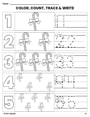 Free printable candy cane Christmas coloring page and number tracing worksheet, numbers 1-5 counting worksheet for preschool and pre-k