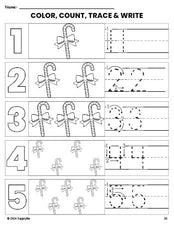 Free printable candy cane Christmas coloring page and number tracing worksheet, numbers 1-5 counting worksheet for preschool and pre-k