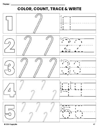 Free printable candy cane Christmas coloring page and number tracing worksheet, numbers 1-5 counting worksheet for preschool and pre-k