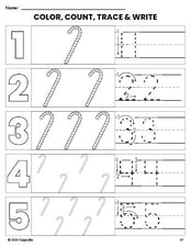 Free printable candy cane Christmas coloring page and number tracing worksheet, numbers 1-5 counting worksheet for preschool and pre-k