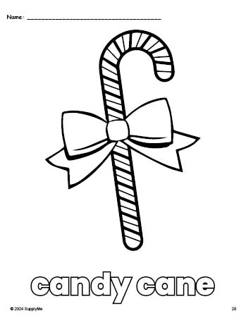 Free printable candy cane Christmas coloring page for preschool, pre-k, and kindergarten